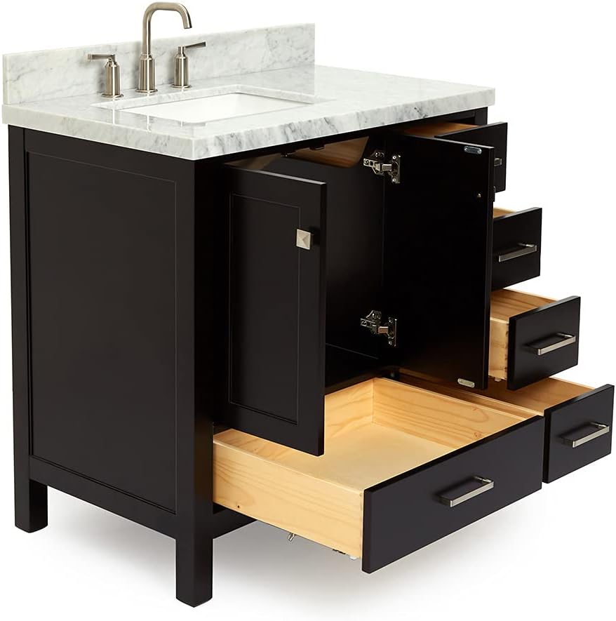 ARIEL Cambridge 36-inch Bathroom Vanity with Sink,Solid Wood, 1.5-inch Italian Carrara Marble Countertop, Single Rectangular Porcelain Sink, 2 Soft Closing Doors, 5 Dovetail Drawers, Espresso