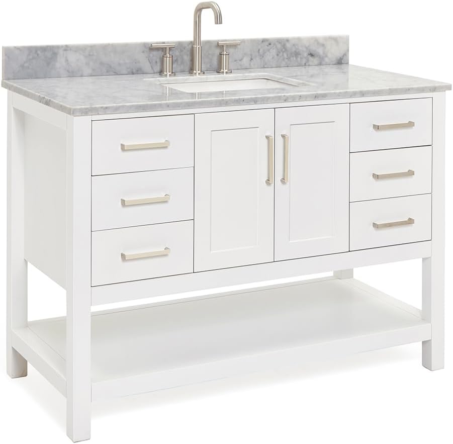 ARIEL Magnolia 48-inch Bathroom Vanity with Sink,Solid Wood, 0.75-inch Italian Carrara Marble Countertop, Single Rectangular Porcelain Sink, 2 Soft Closing Doors, 6 Dovetail Drawers, White