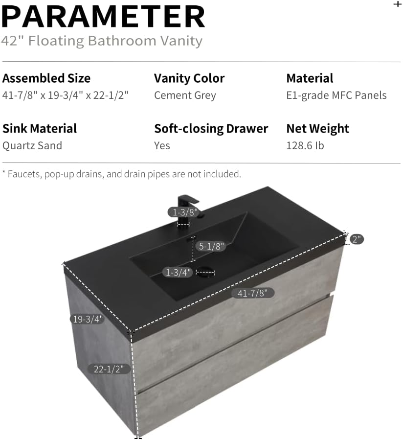 42' Floating Bathroom Vanity with Sink, Wall Mounted Bathroom Storage Vanity Cabinet with Black Quartz Sand Top Basin and Soft Close Drawers, EDI Series Cement Grey