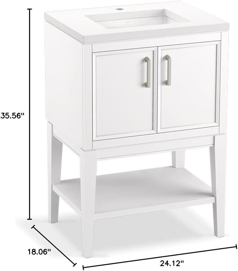 Kohler Winnow 24 Inch Bathroom Vanity Cabinet with White Single Sink and Quartz Top, Modern Bathroom Vanity, White, K-33577-ASB-0