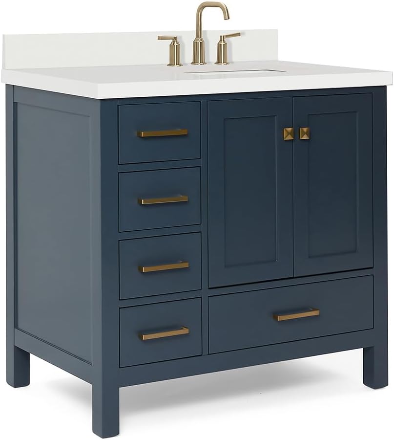 ARIEL Cambridge 36-inch Bathroom Vanity with Sink,Solid Wood, 1.5-inch Pure White Quartz Countertop, Single Rectangular Porcelain Sink, 2 Soft Closing Doors, 5 Dovetail Drawers, Midnight Blue