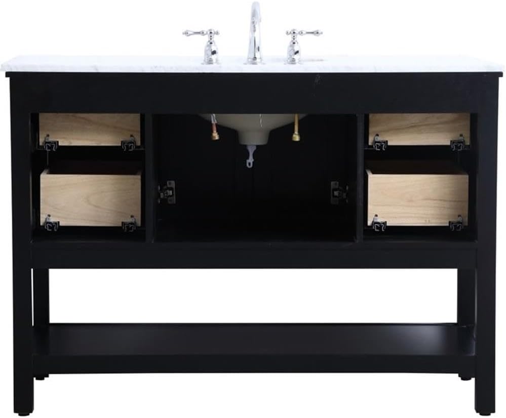 Pemberly Row Contemporary 48' Freestanding Bathroom Vanity, Solid Poplar Wood, Black Finish, Italian White Marble Top with Undermount Porcelain Sink, Soft-Close Drawers, Spacious Storage for Bathroom