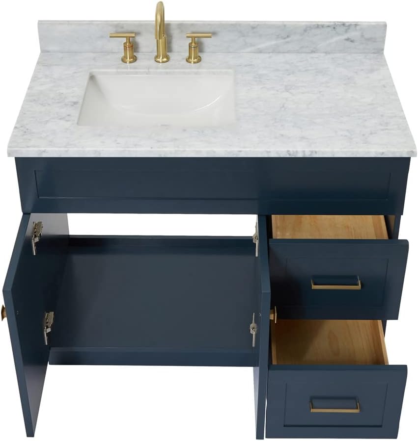 ARIEL Hamlet 43 in. Left Offset Rectangle Sink Vanity with 0.75 in. Carrara White Countertop in Midnight Blue