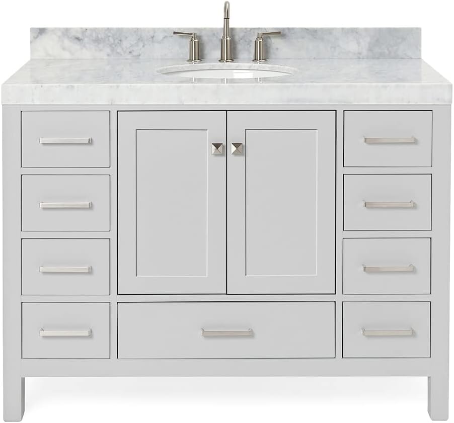 ARIEL Cambridge 48-inch Bathroom Vanity with Sink,Solid Wood, 2-inch Italian Carrara Marble Countertop & Backsplash, Single Oval Porcelain Sink, 2 Soft Closing Doors, 9 Dovetail Drawers, Grey