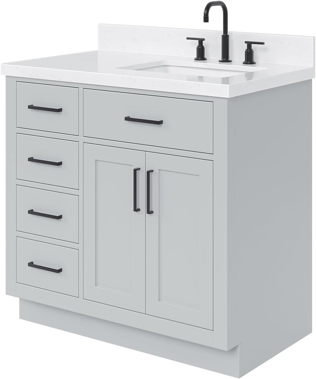 ARIEL Hepburn 36-inch Bathroom Vanity with Sink,Solid Wood, 1.5-inch Carrara White Quartz Countertop & Backsplash, Single Rectangular Porcelain Sink, 2 Soft Closing Doors, 5 Dovetail Drawers, Grey
