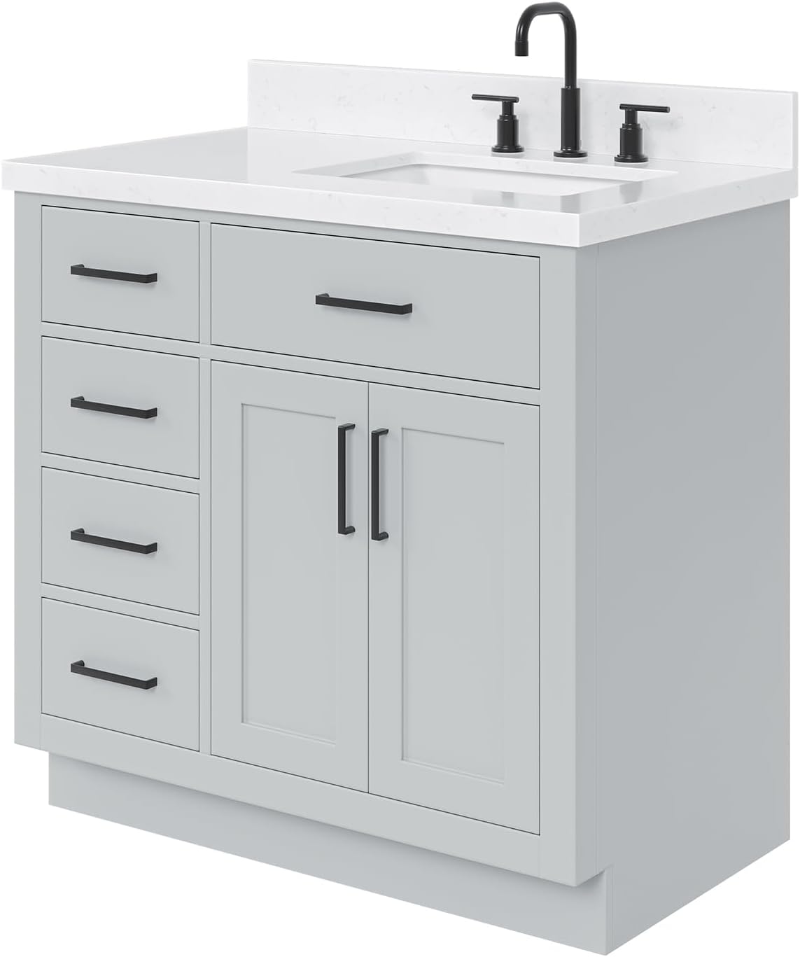 ARIEL Hepburn 36-inch Bathroom Vanity with Sink,Solid Wood, 1.5-inch Carrara White Quartz Countertop & Backsplash, Single Rectangular Porcelain Sink, 2 Soft Closing Doors, 5 Dovetail Drawers, Grey