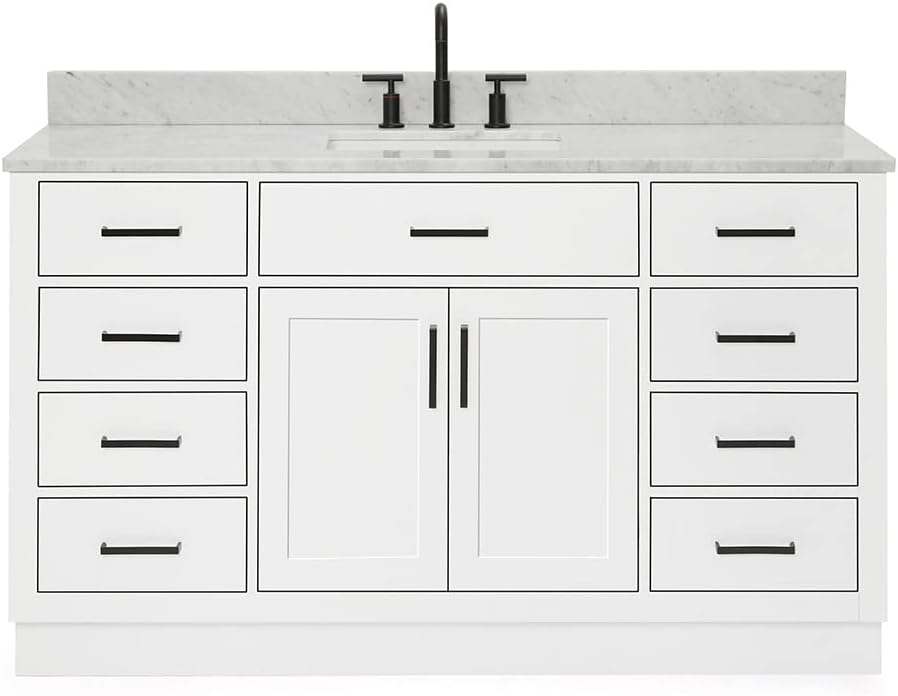 ARIEL Hepburn 60-inch Bathroom Vanity with Sink,Solid Wood, 0.75-inch Italian Carrara Marble Countertop, Single Rectangular Porcelain Sink, 2 Soft Closing Doors, 9 Dovetail Drawers, White