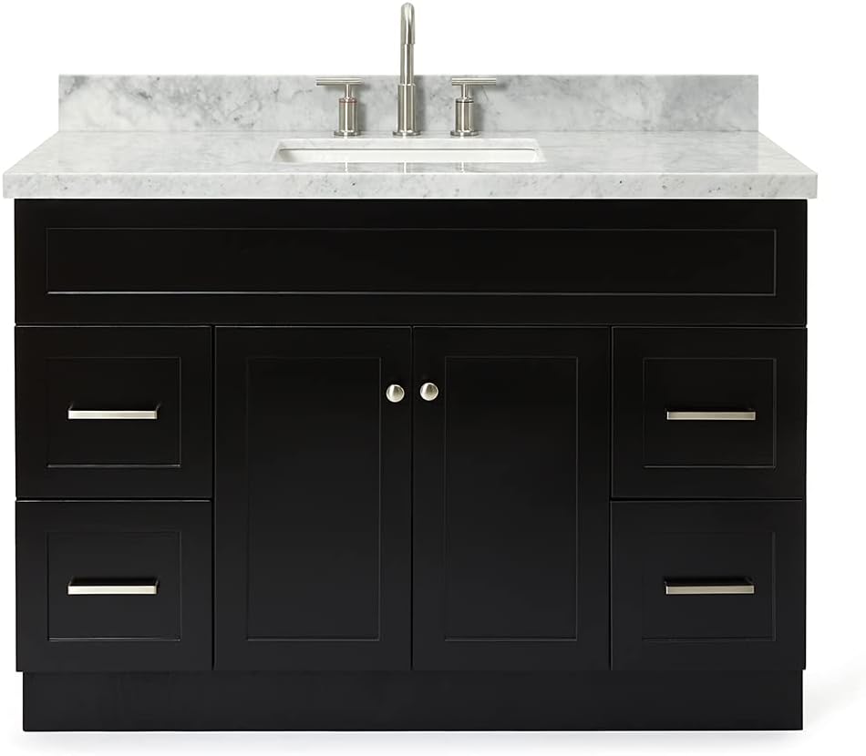 ARIEL Hamlet 48-inch Bathroom Vanity with Sink,Solid Wood, 1.5-inch Italian Carrara Marble Countertop, Single Rectangular Porcelain Sink, 2 Soft Closing Doors, 4 Dovetail Drawers, Black