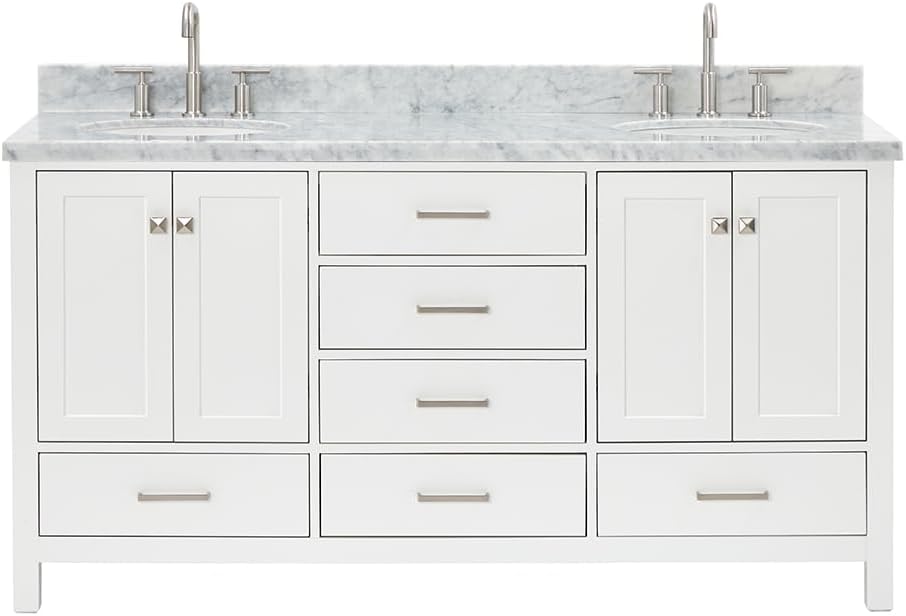 ARIEL Cambridge 66-inch Bathroom Vanity with Sink,Solid Wood, 1.5-inch Italian Carrara Marble Countertop & Backsplash, Double Oval Porcelain Sink, 4 Soft Closing Doors, 6 Dovetail Drawers, White