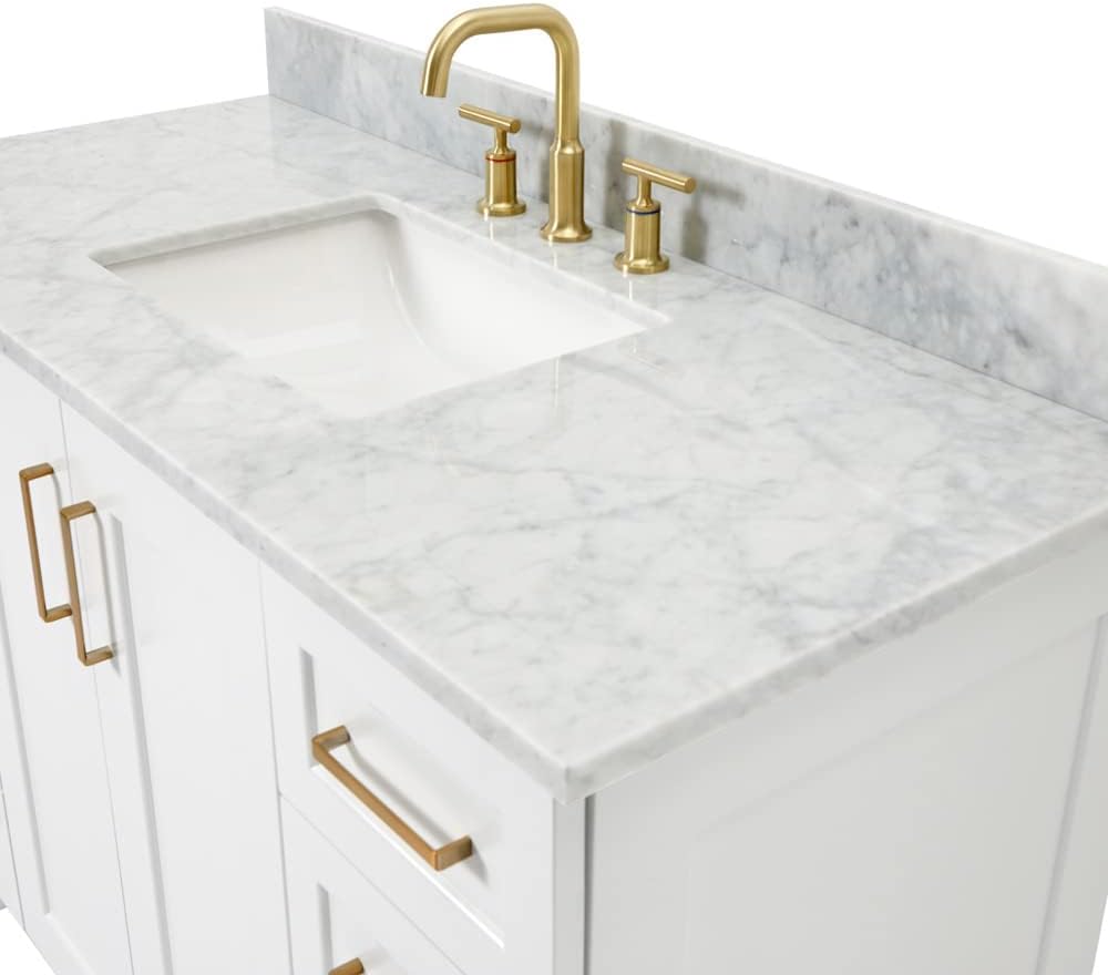 ARIEL Taylor 48-inch Bathroom Vanity with Sink,Solid Wood, 0.75-inch Italian Carrara Marble Countertop, Single Rectangular Porcelain Sink, 2 Soft Closing Doors, 9 Dovetail Drawers, White