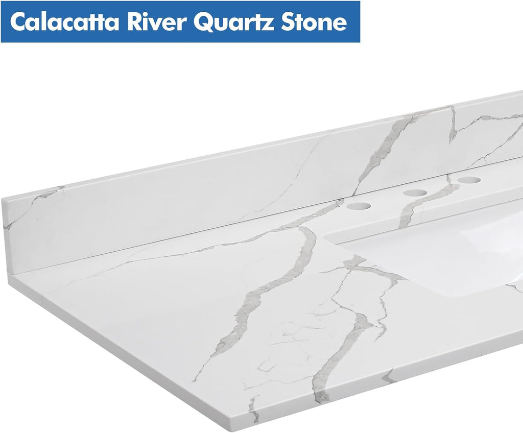 60 in.W x 22 in.D Quartz Calacatta River Vanity Top,with Undermount Double Sink Vanity Top,with Two Sidesplash & One Backsplash,8 Inch Faucet Hole Spread Bathroom Vanity Sink Countertop