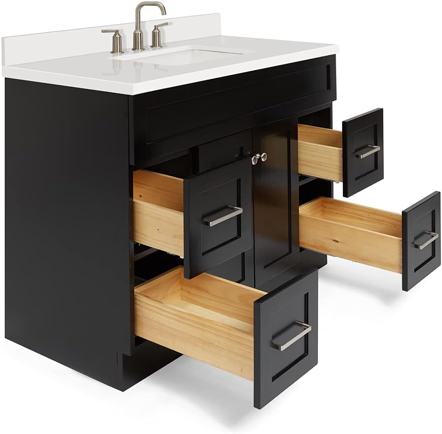 ARIEL 36' Grey Single Bathroom Vanity with Sink, 1.5' Pure White Quartz Countertop, Rectangular Undermount Sink, 2 Soft-Closing Doors, 2 Dovetail Drawers, Built-in Toe Kick