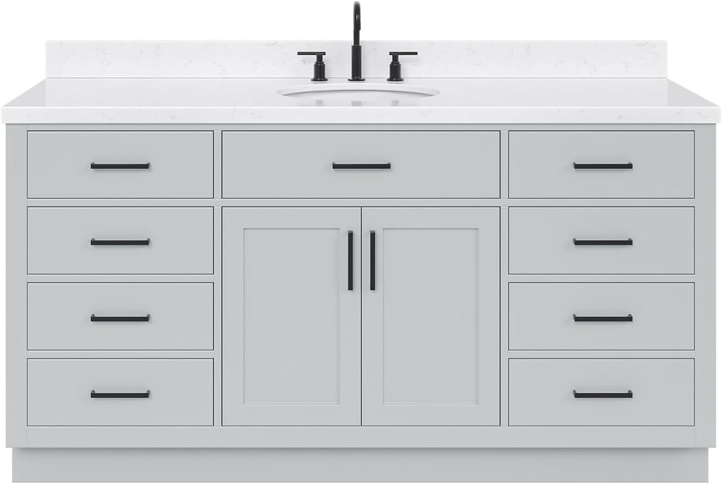 ARIEL Hepburn 66-inch Bathroom Vanity with Sink,Solid Wood, 1.5-inch Carrara White Quartz Countertop & Backsplash, Single Oval Porcelain Sink, 2 Soft Closing Doors, 9 Dovetail Drawers, Grey