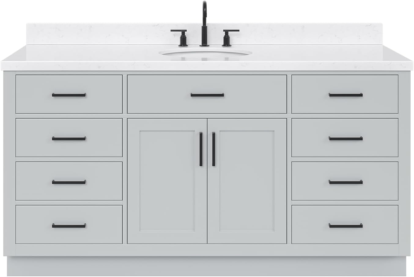 ARIEL Hepburn 66-inch Bathroom Vanity with Sink,Solid Wood, 1.5-inch Carrara White Quartz Countertop & Backsplash, Single Oval Porcelain Sink, 2 Soft Closing Doors, 9 Dovetail Drawers, Grey