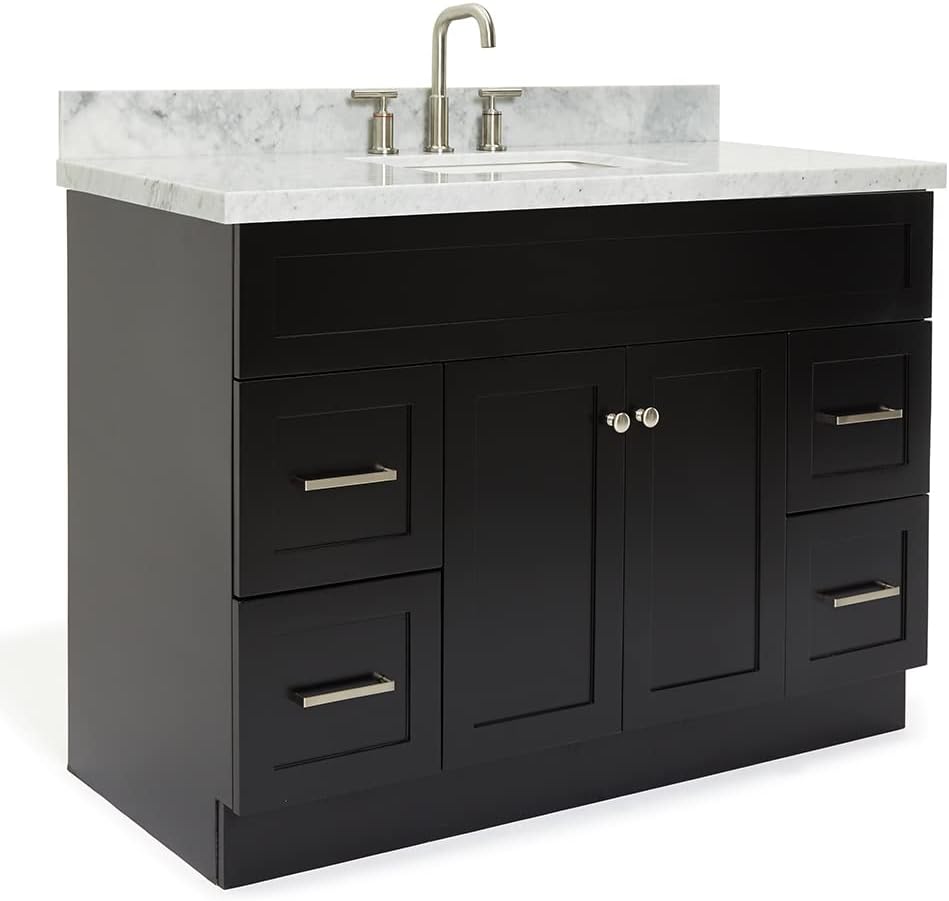 ARIEL Hamlet 48-inch Bathroom Vanity with Sink,Solid Wood, 1.5-inch Italian Carrara Marble Countertop, Single Rectangular Porcelain Sink, 2 Soft Closing Doors, 4 Dovetail Drawers, Black