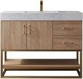 Pemberly Row 42' White Grain Stone Top Bathroom Vanity, Oak Finish, Solid Wood Construction, Ceramic Sink with Overflow, Brushed Gold Hardware, Soft-Closing Doors and Drawers, Contemporary Style
