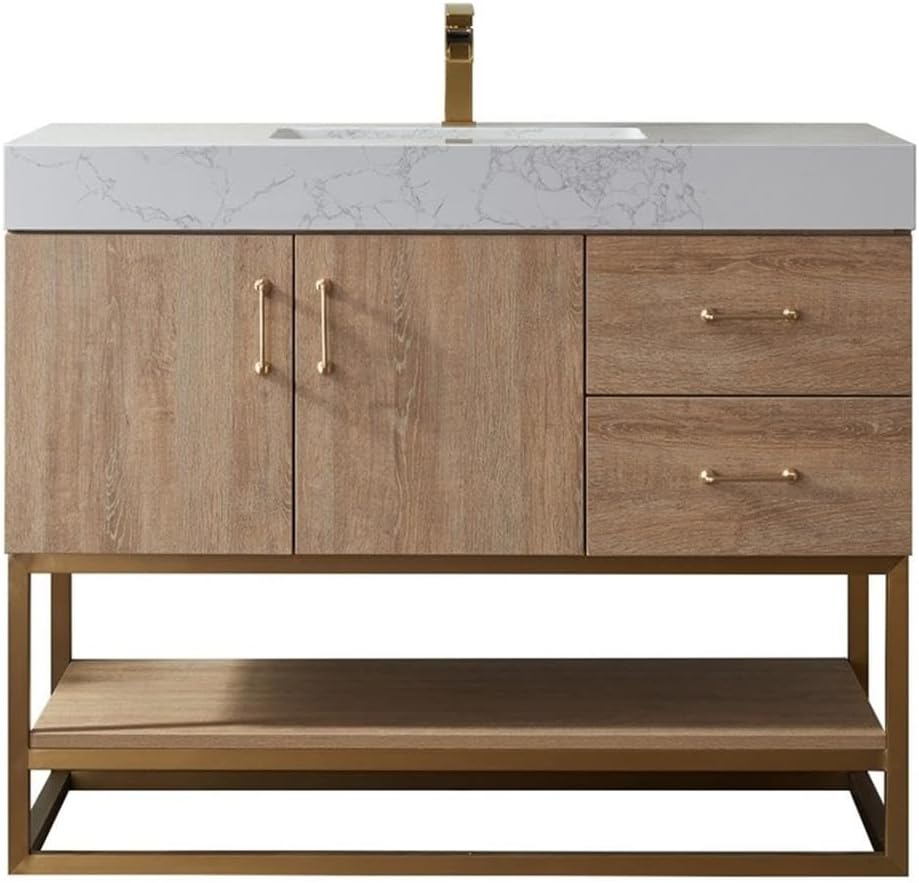 Pemberly Row 42' White Grain Stone Top Bathroom Vanity, Oak Finish, Solid Wood Construction, Ceramic Sink with Overflow, Brushed Gold Hardware, Soft-Closing Doors and Drawers, Contemporary Style