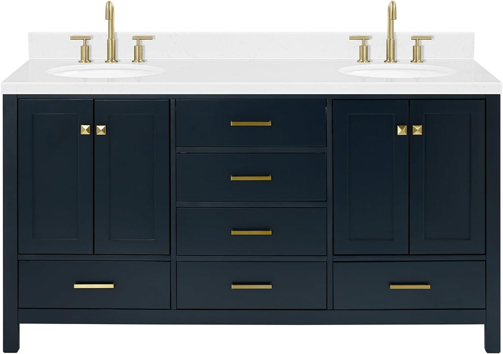 ARIEL Cambridge 66-inch Bathroom Vanity with Sink,Solid Wood, 1.5-inch Carrara White Quartz Countertop, Double Oval Porcelain Sink, 4 Soft Closing Doors, 6 Dovetail Drawers, Midnight Blue