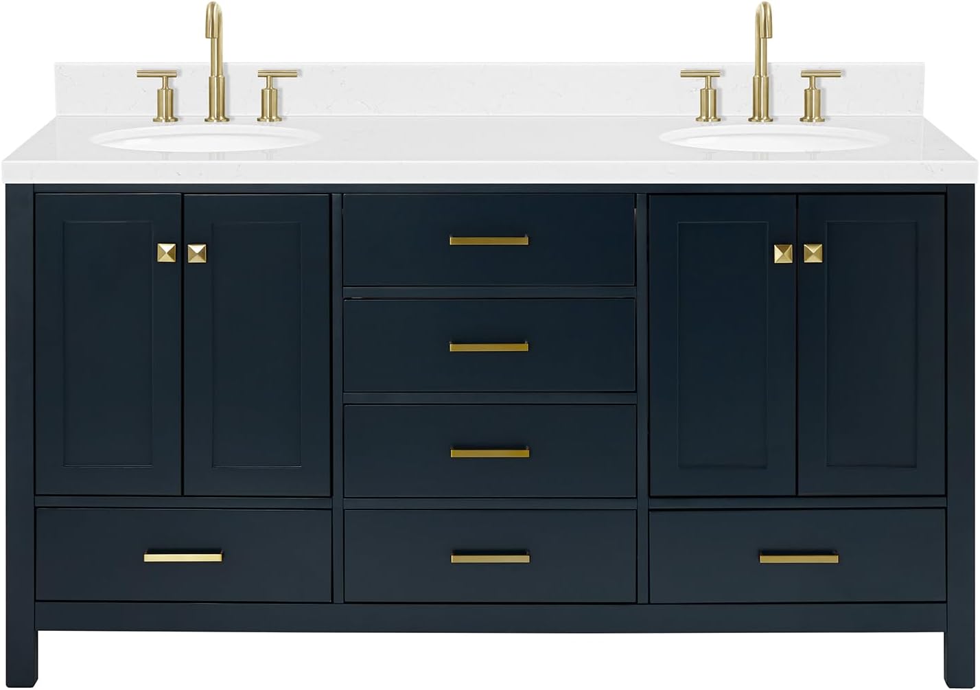 ARIEL Cambridge 66-inch Bathroom Vanity with Sink,Solid Wood, 1.5-inch Carrara White Quartz Countertop, Double Oval Porcelain Sink, 4 Soft Closing Doors, 6 Dovetail Drawers, Midnight Blue
