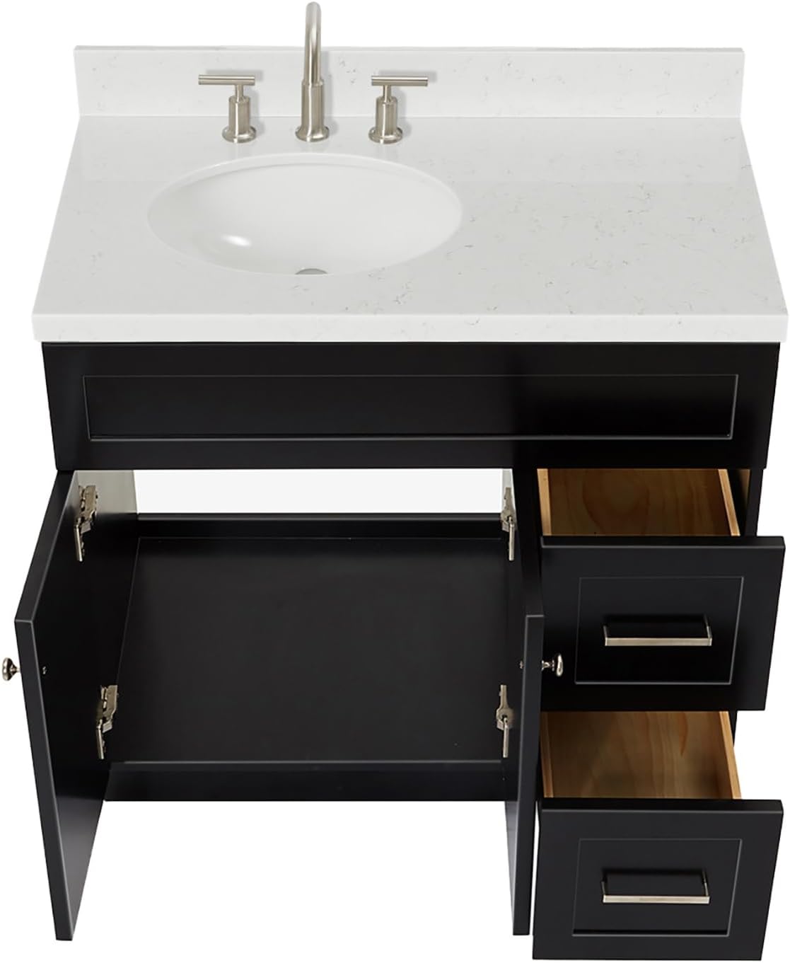 ARIEL Hamlet 36-inch Bathroom Vanity with Sink,Solid Wood, 1.5-inch Carrara White Quartz Countertop & Backsplash, Single Oval Porcelain Sink, 2 Soft Closing Doors, 2 Dovetail Drawers, Black