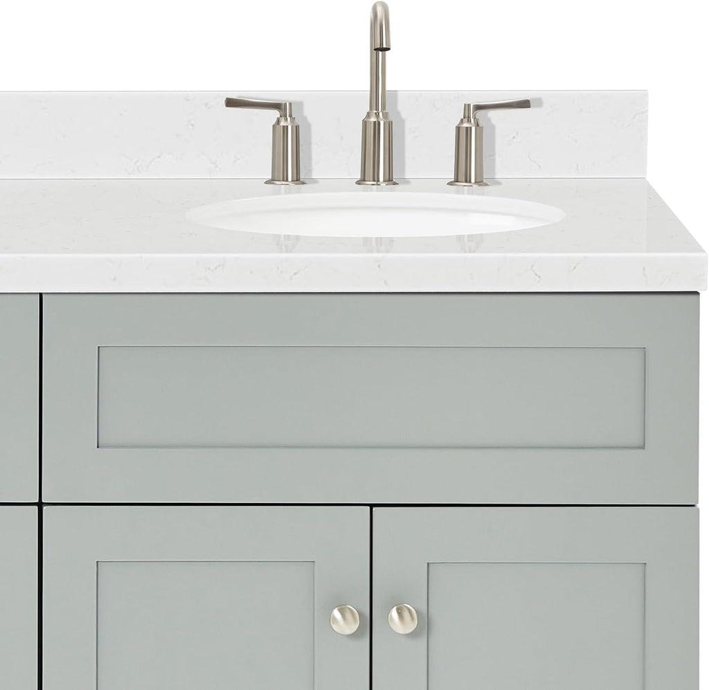 ARIEL Hamlet 66-inch Bathroom Vanity with Sink,Solid Wood, 1.5-inch Carrara White Quartz Countertop & Backsplash, Double Oval Porcelain Sink, 4 Soft Closing Doors, 3 Dovetail Drawers, Grey