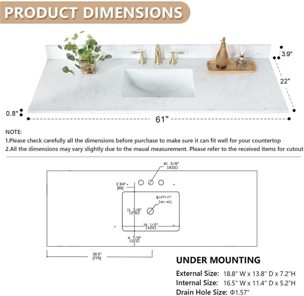 Pemberly Row 61' Engineered Stone Vanity Top, Grain White Finish, Single White Undermount Sink, Scratch/Heat/Stain-Resistant, Pre-Drilled for 8' Widespread Faucet, Modern Bathroom Vanity Surface
