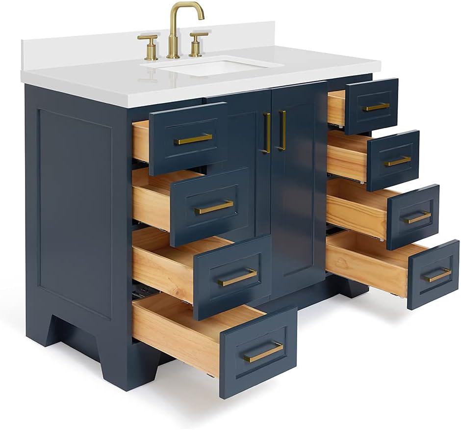 ARIEL Taylor 48-inch Bathroom Vanity with Sink,Solid Wood, 1.5-inch Pure White Quartz Countertop, Single Rectangular Porcelain Sink, 2 Soft Closing Doors, 9 Dovetail Drawers, Midnight Blue