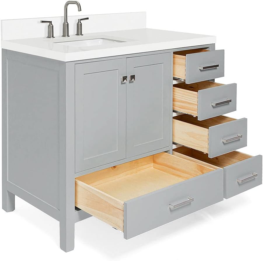 DKB Beckford 42-Inch Grey Bathroom Vanity with Sink, 1.5-Inch Pure White Quartz Countertop & Backsplash, Left Rectangular Undermount Sink, 2 Soft Closing Doors, 5 Dovetail Drawers, Brushed Nickel