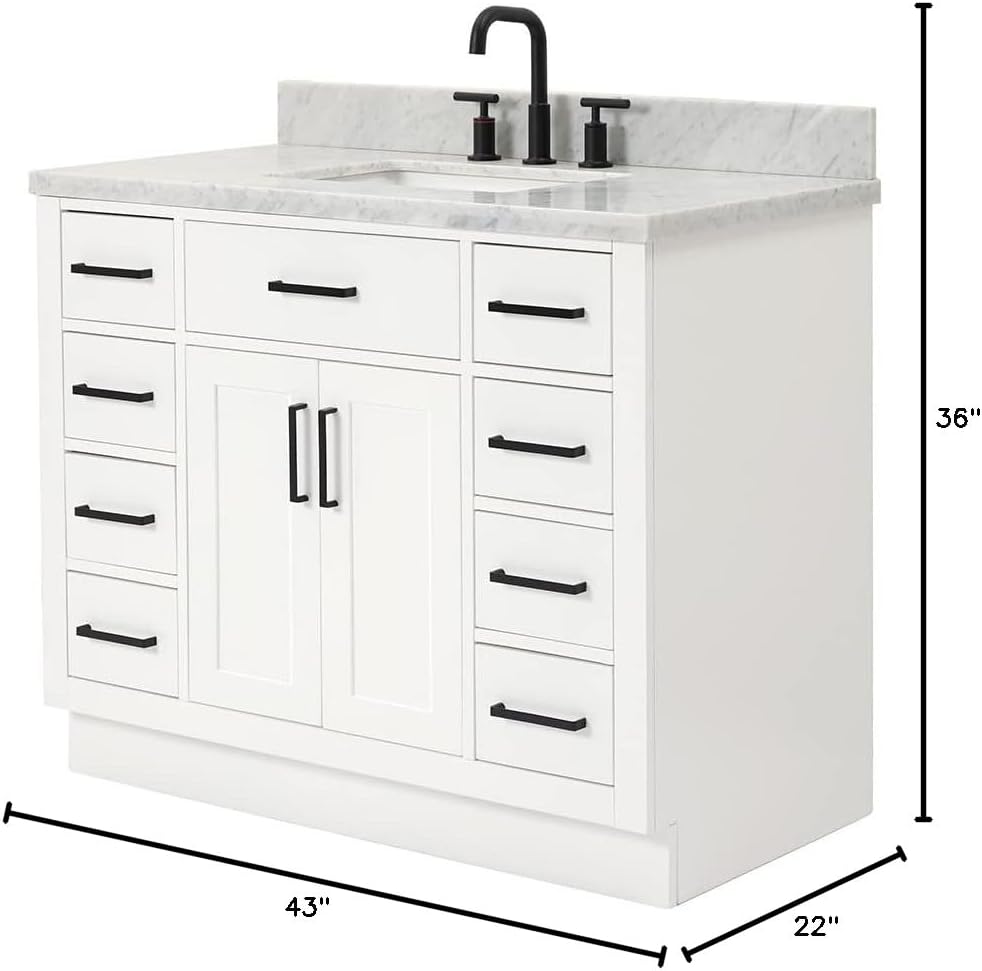 DKB Isabella 42-Inch White Single Bathroom Vanity with Sink, 1.5' Edge Italian Carrara Marble Countertop & Splash, Rectangular Undermount Sink, 2 Soft Closing Doors, 9 Dovetail Drawers, Toe Kick