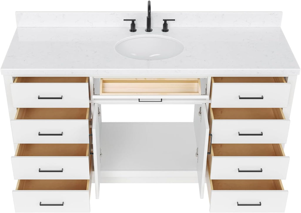 ARIEL Hepburn 66-inch Bathroom Vanity with Sink,Solid Wood, 1.5-inch Carrara White Quartz Countertop & Backsplash, Single Oval Porcelain Sink, 2 Soft Closing Doors, 9 Dovetail Drawers, White