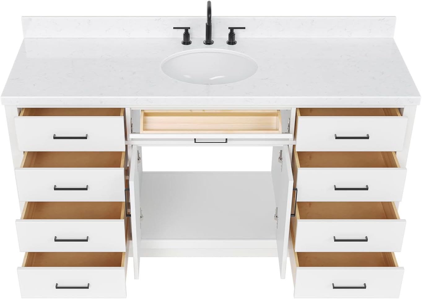 ARIEL Hepburn 66-inch Bathroom Vanity with Sink,Solid Wood, 1.5-inch Carrara White Quartz Countertop & Backsplash, Single Oval Porcelain Sink, 2 Soft Closing Doors, 9 Dovetail Drawers, White