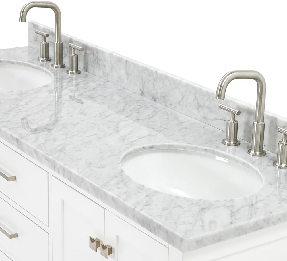 ARIEL Cambridge 66-inch Bathroom Vanity with Sink,Solid Wood, 1.5-inch Italian Carrara Marble Countertop & Backsplash, Double Oval Porcelain Sink, 4 Soft Closing Doors, 6 Dovetail Drawers, White