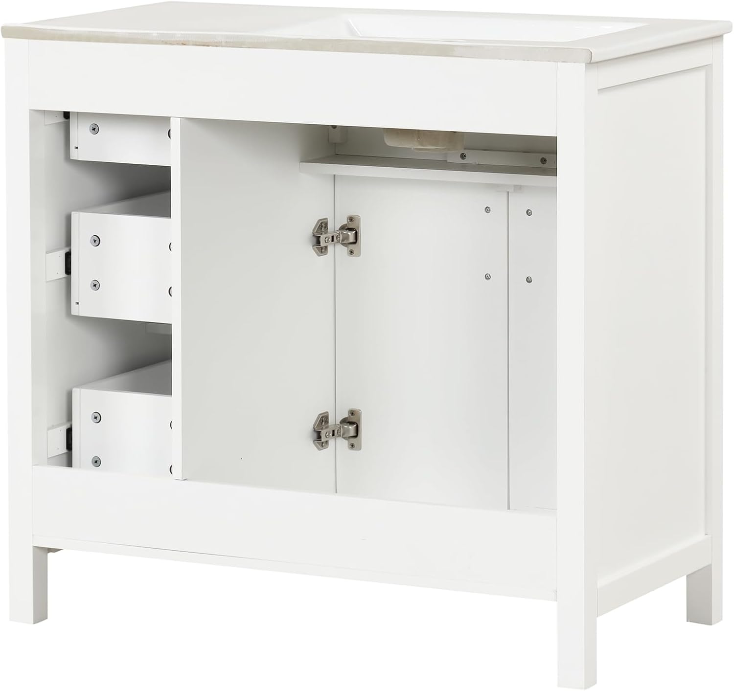 LUMISOL 36' Bathroom Vanity with Offset Sink, Freestanding Bathroom Sink Cabinet with 3 Drawers & 2 Doors, Solid Wood Bathroom Vanity with Offset Ceramic Sink, White