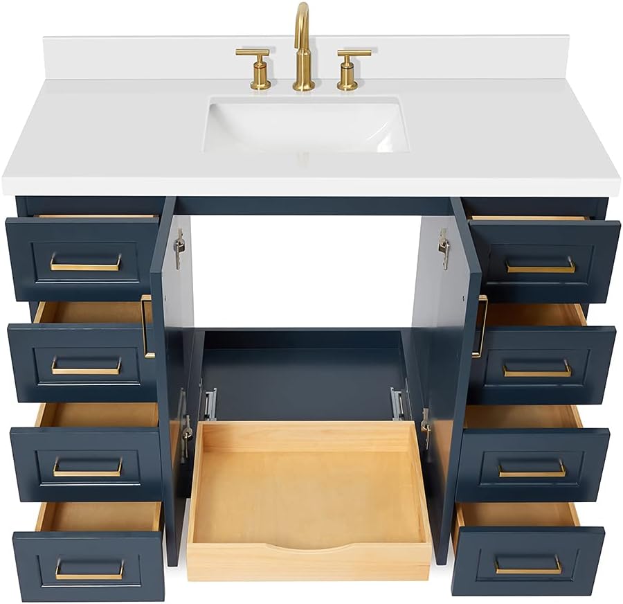 ARIEL Taylor 48-inch Bathroom Vanity with Sink,Solid Wood, 1.5-inch Pure White Quartz Countertop, Single Rectangular Porcelain Sink, 2 Soft Closing Doors, 9 Dovetail Drawers, Midnight Blue