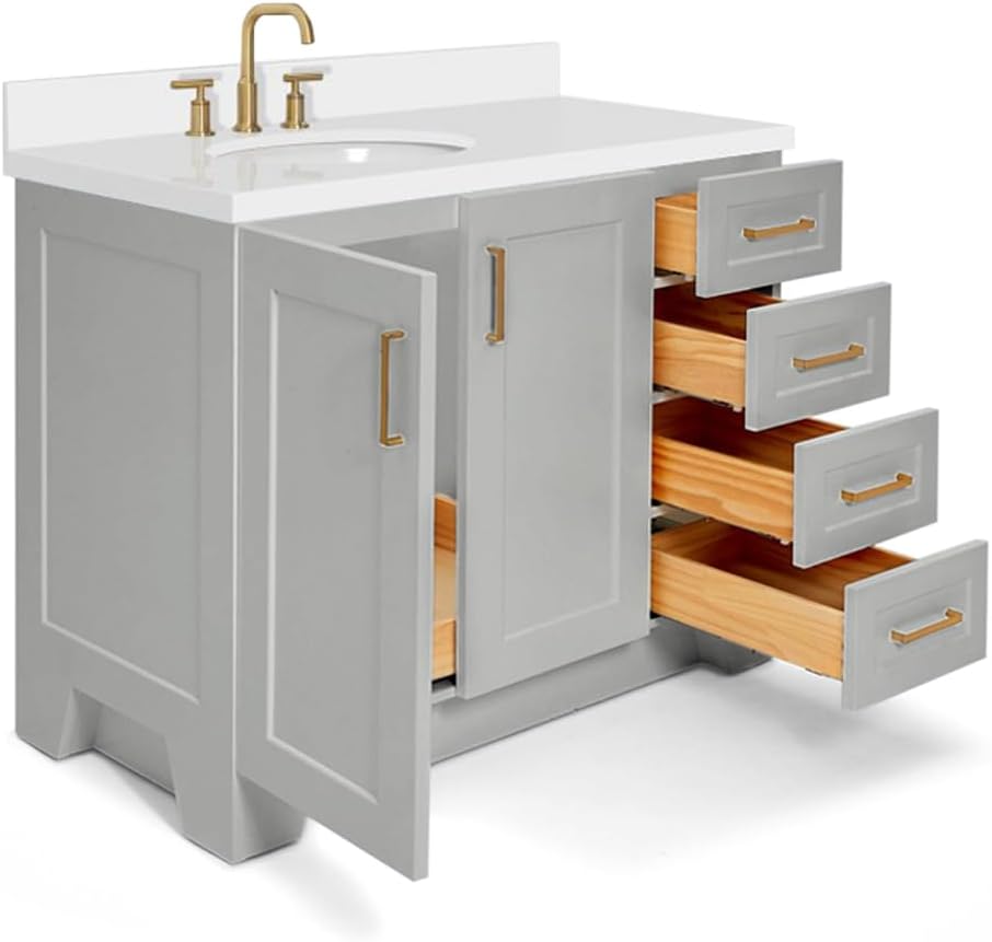 ARIEL Taylor 42-inch Bathroom Vanity with Sink,Solid Wood, 1.5-inch Pure White Quartz Countertop & Backsplash, Single Oval Porcelain Sink, 2 Soft Closing Doors, 5 Dovetail Drawers, Grey