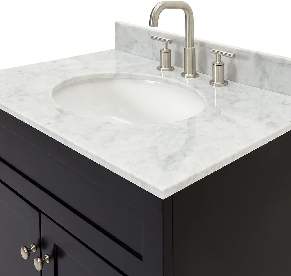 ARIEL Hamlet 30-inch Bathroom Vanity with Sink,Solid Wood, 0.75-inch Italian Carrara Marble Countertop, Single Oval Porcelain Sink, Soft Closing Doors, Black