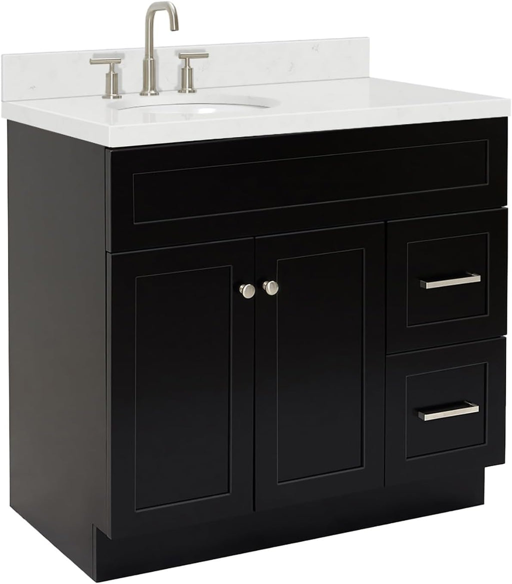 ARIEL Hamlet 36-inch Bathroom Vanity with Sink,Solid Wood, 1.5-inch Carrara White Quartz Countertop & Backsplash, Single Oval Porcelain Sink, 2 Soft Closing Doors, 2 Dovetail Drawers, Black