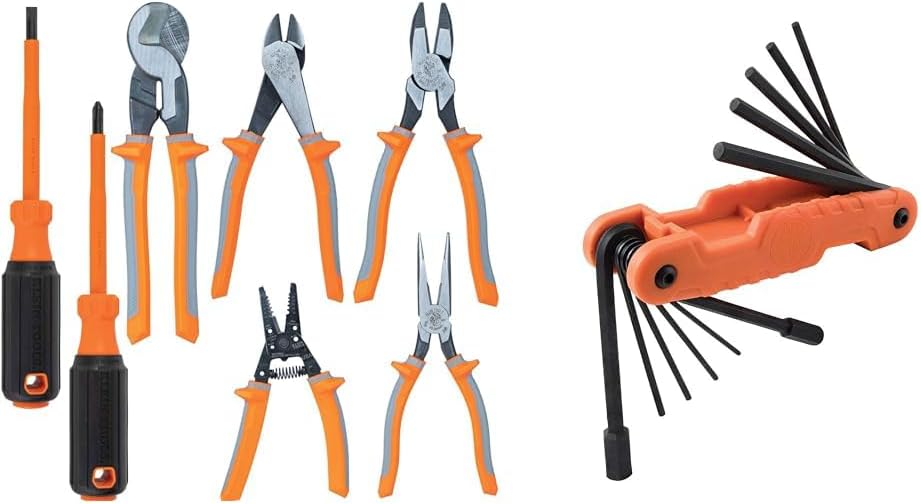 Klein Tools 9421R 1000V Insulated Plier Tool Set with 3 Pairs of Pliers, Cable Cutter & 70550 Hex Wrench Key Set, 11 SAE Sizes, Heavy Duty Folding Allen Wrench Tool
