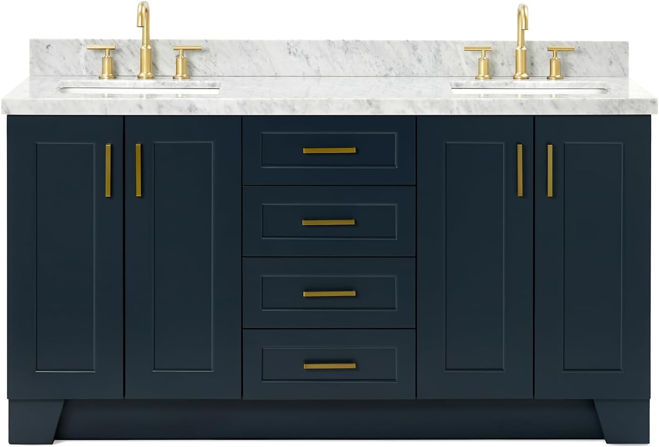 ARIEL Taylor 66-inch Bathroom Vanity with Sink,Solid Wood, 1.5-inch Italian Carrara Marble Countertop, Double Rectangular Porcelain Sink, 4 Soft Closing Doors, 5 Dovetail Drawers, Midnight Blue