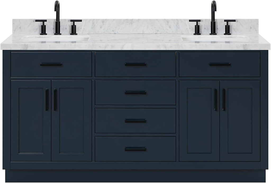 ARIEL Hepburn 66-inch Bathroom Vanity with Sink,Solid Wood, 1.5-inch Italian Carrara Marble Countertop, Double Rectangular Porcelain Sink, 4 Soft Closing Doors, 6 Dovetail Drawers, Midnight Blue