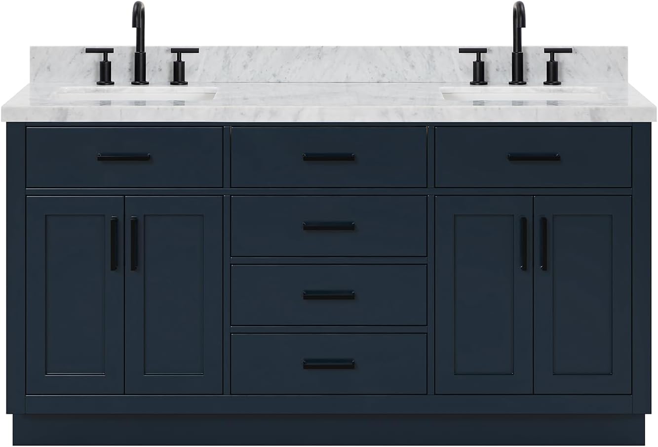 ARIEL Hepburn 66-inch Bathroom Vanity with Sink,Solid Wood, 1.5-inch Italian Carrara Marble Countertop, Double Rectangular Porcelain Sink, 4 Soft Closing Doors, 6 Dovetail Drawers, Midnight Blue