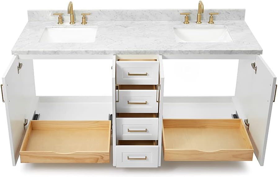 ARIEL Taylor 72-inch Bathroom Vanity with Sink,Solid Wood, 1.5-inch Italian Carrara Marble Countertop, Double Rectangular Porcelain Sink, 4 Soft Closing Doors, 6 Dovetail Drawers, White