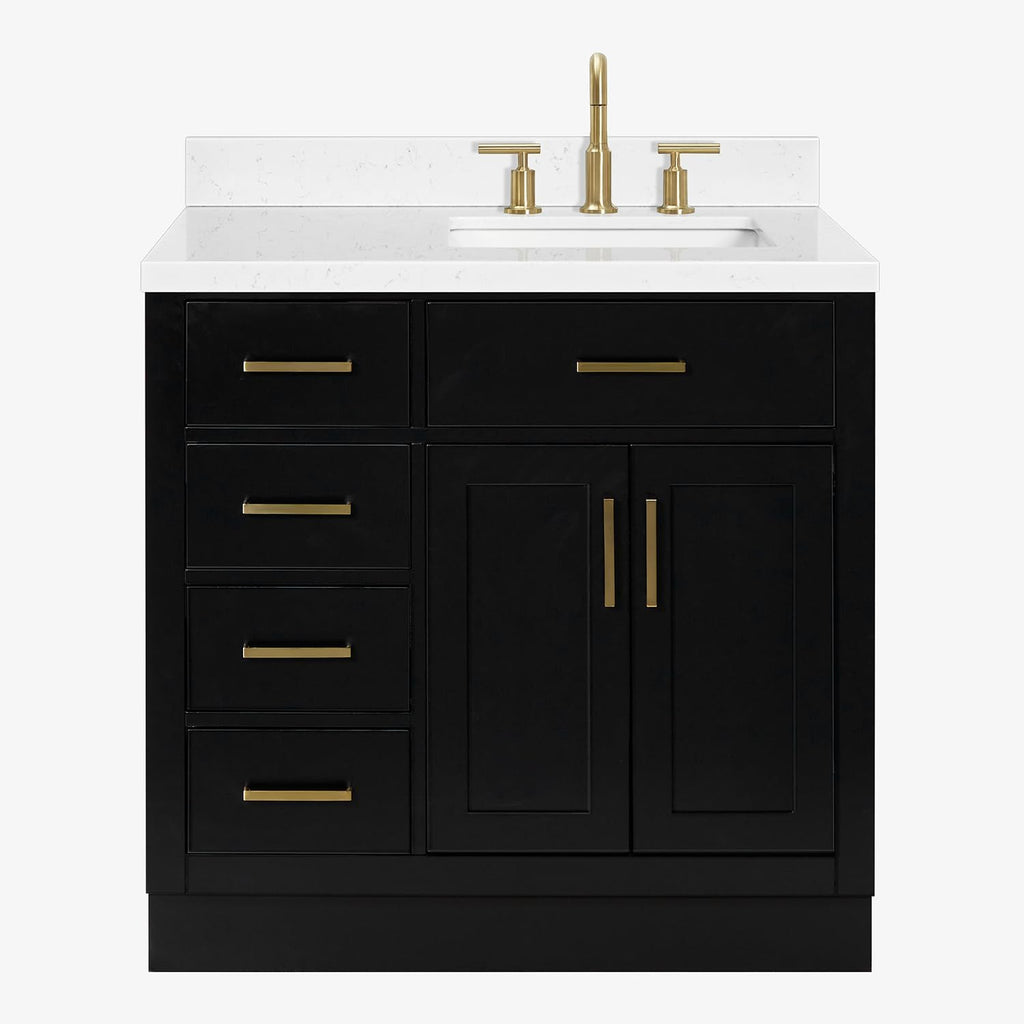 ARIEL Hepburn 36-inch Bathroom Vanity with Sink,Solid Wood, 1.5-inch Carrara White Quartz Countertop & Backsplash, Single Rectangular Porcelain Sink, 2 Soft Closing Doors, 5 Dovetail Drawers, Black