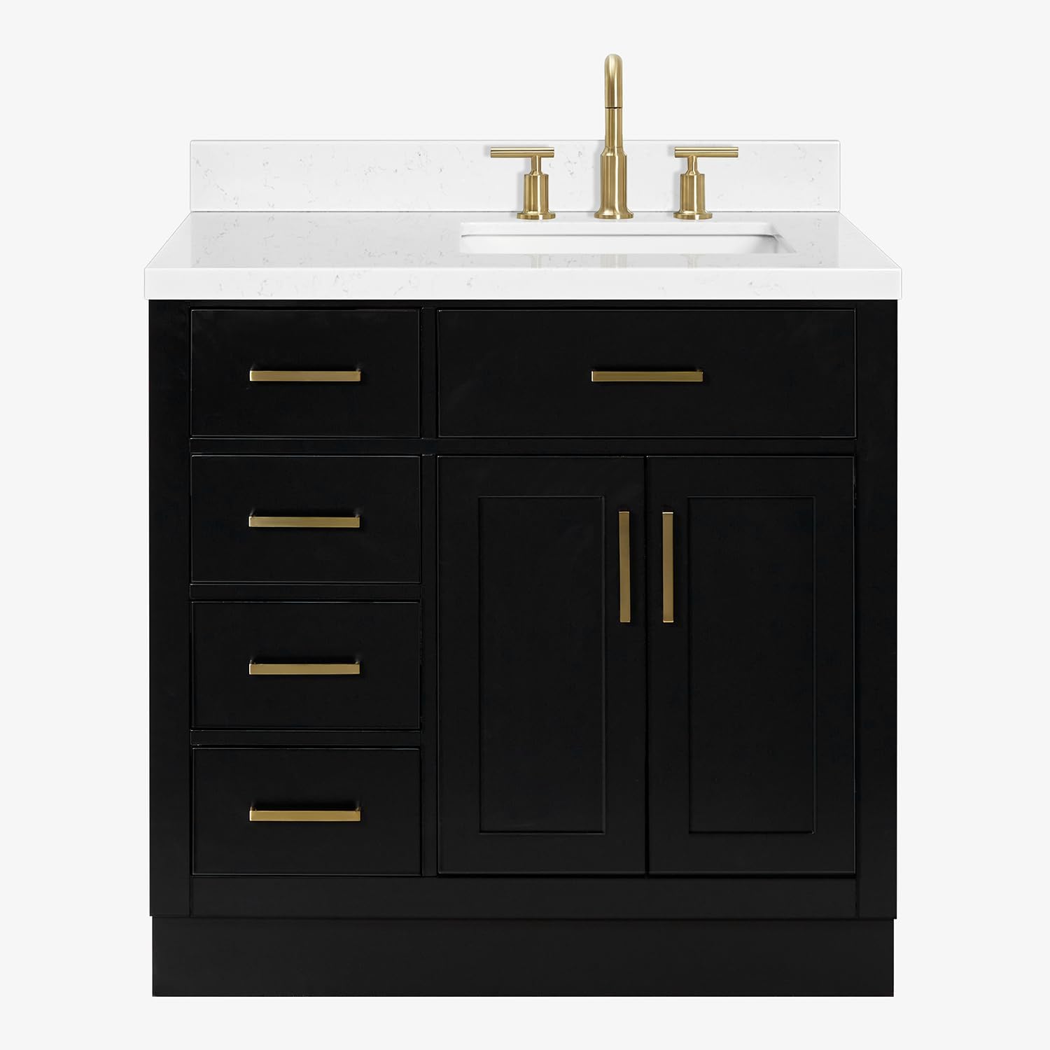 ARIEL Hepburn 36-inch Bathroom Vanity with Sink,Solid Wood, 1.5-inch Carrara White Quartz Countertop & Backsplash, Single Rectangular Porcelain Sink, 2 Soft Closing Doors, 5 Dovetail Drawers, Black