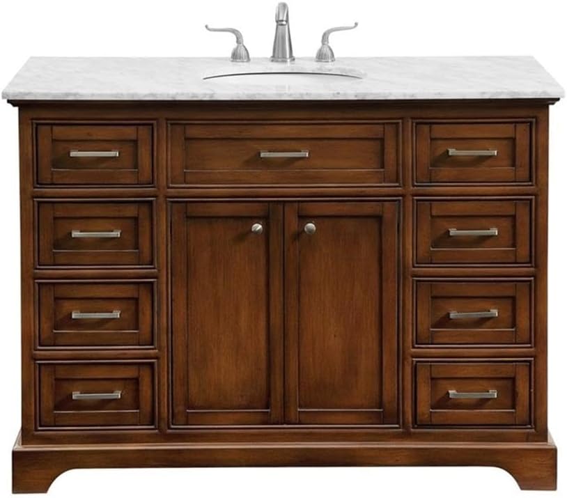 Pemberly Row Contemporary 48' Wood Single Bathroom Vanity, Brown Teak Finish, Italian Carrara Marble Top, Oval Porcelain Undermount Sink, Free-Standing Design, 8 Drawers, 2 Doors, Bathroom Essential