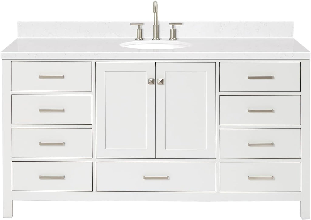 ARIEL Cambridge 66-inch Bathroom Vanity with Sink,Solid Wood, 1.5-inch Carrara White Quartz Countertop & Backsplash, Single Oval Porcelain Sink, 2 Soft Closing Doors, 9 Dovetail Drawers, White