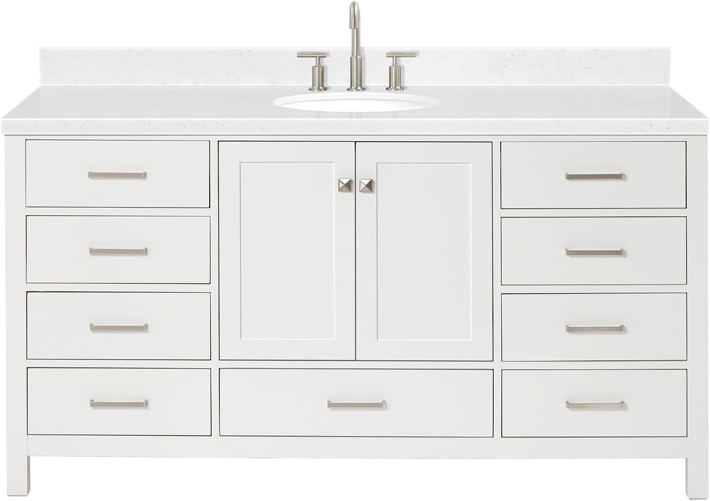 ARIEL Cambridge 66-inch Bathroom Vanity with Sink,Solid Wood, 1.5-inch Carrara White Quartz Countertop & Backsplash, Single Oval Porcelain Sink, 2 Soft Closing Doors, 9 Dovetail Drawers, White