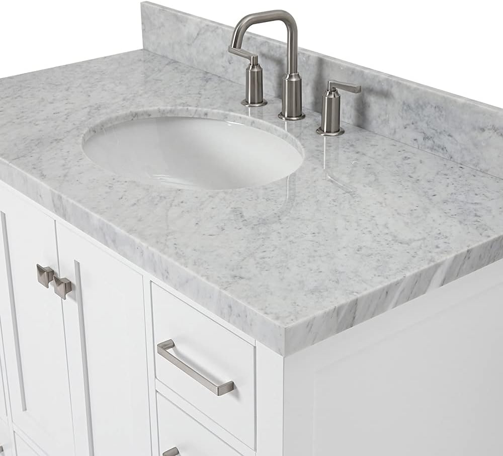 ARIEL Cambridge 42-inch Bathroom Vanity with Sink,Solid Wood, 1.5-inch Italian Carrara Marble Countertop & Backsplash, Single Oval Porcelain Sink, 2 Soft Closing Doors, 9 Dovetail Drawers, White