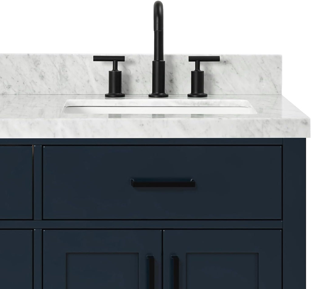 ARIEL Hepburn 66-inch Bathroom Vanity with Sink,Solid Wood, 1.5-inch Italian Carrara Marble Countertop, Double Rectangular Porcelain Sink, 4 Soft Closing Doors, 6 Dovetail Drawers, Midnight Blue