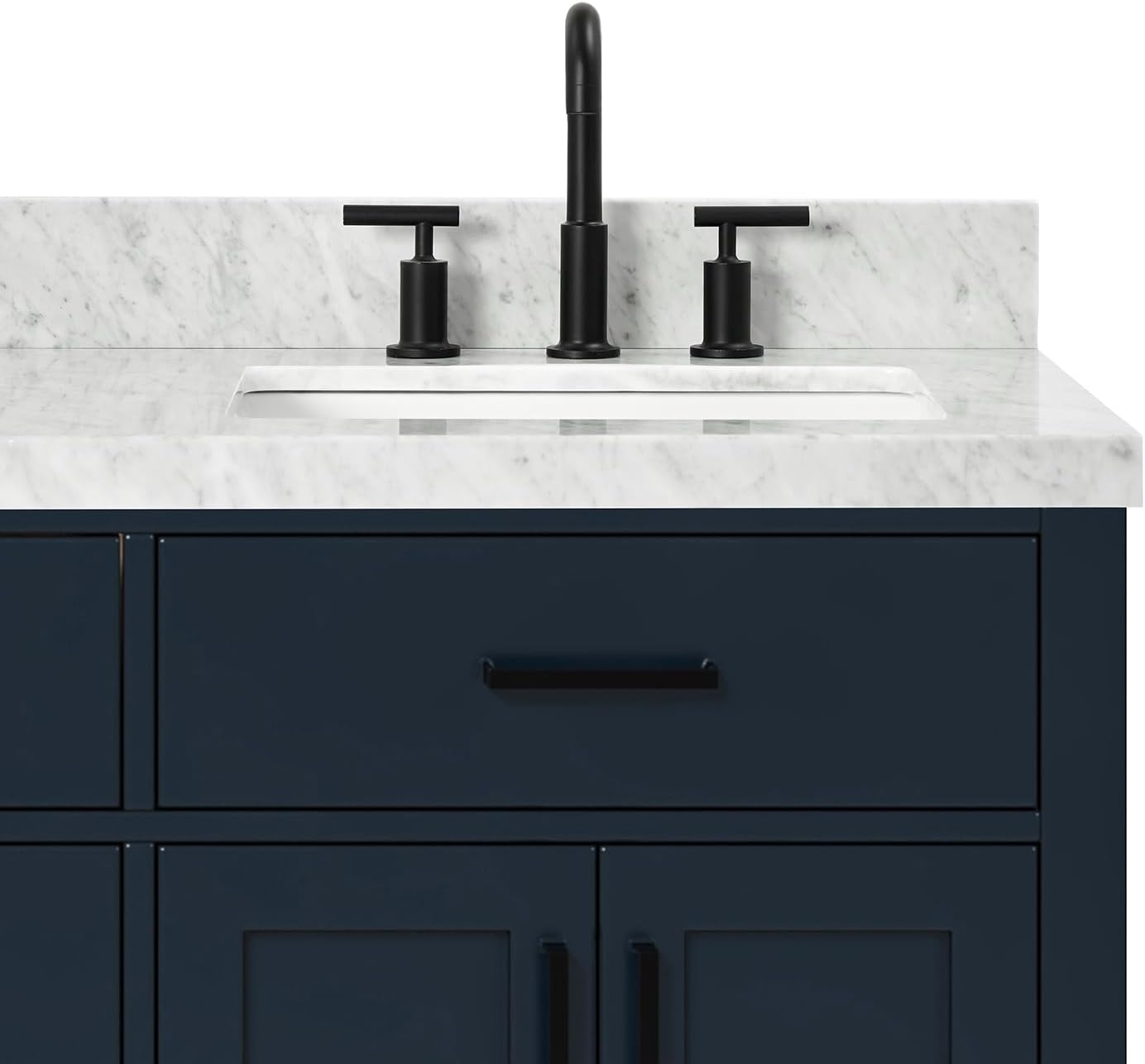 ARIEL Hepburn 66-inch Bathroom Vanity with Sink,Solid Wood, 1.5-inch Italian Carrara Marble Countertop, Double Rectangular Porcelain Sink, 4 Soft Closing Doors, 6 Dovetail Drawers, Midnight Blue